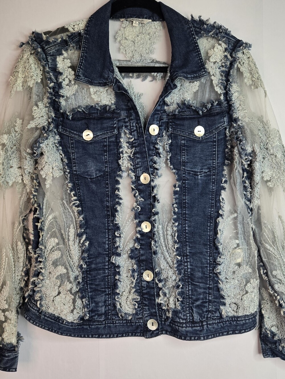 John Mark Women Size S Denim & Lace Cutout Button front Jacket, Patch Pockets
